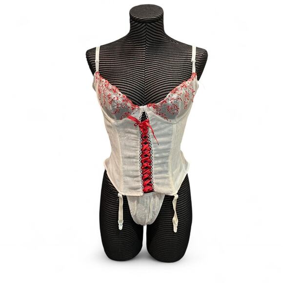 Vintage Faris White & Red Embroidered Bustier Lingerie set mesh floral large - Picture 1 of 5